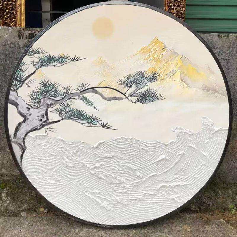 新中式手绘油画餐厅入户圆形装饰画过道正对门高档金山立体肌理画