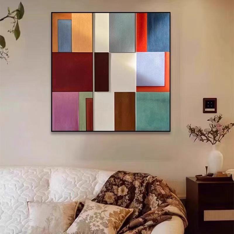 现代手绘挂画多彩意境艺术挂画玄关餐厅卧室多巴胺色块抽象装饰画