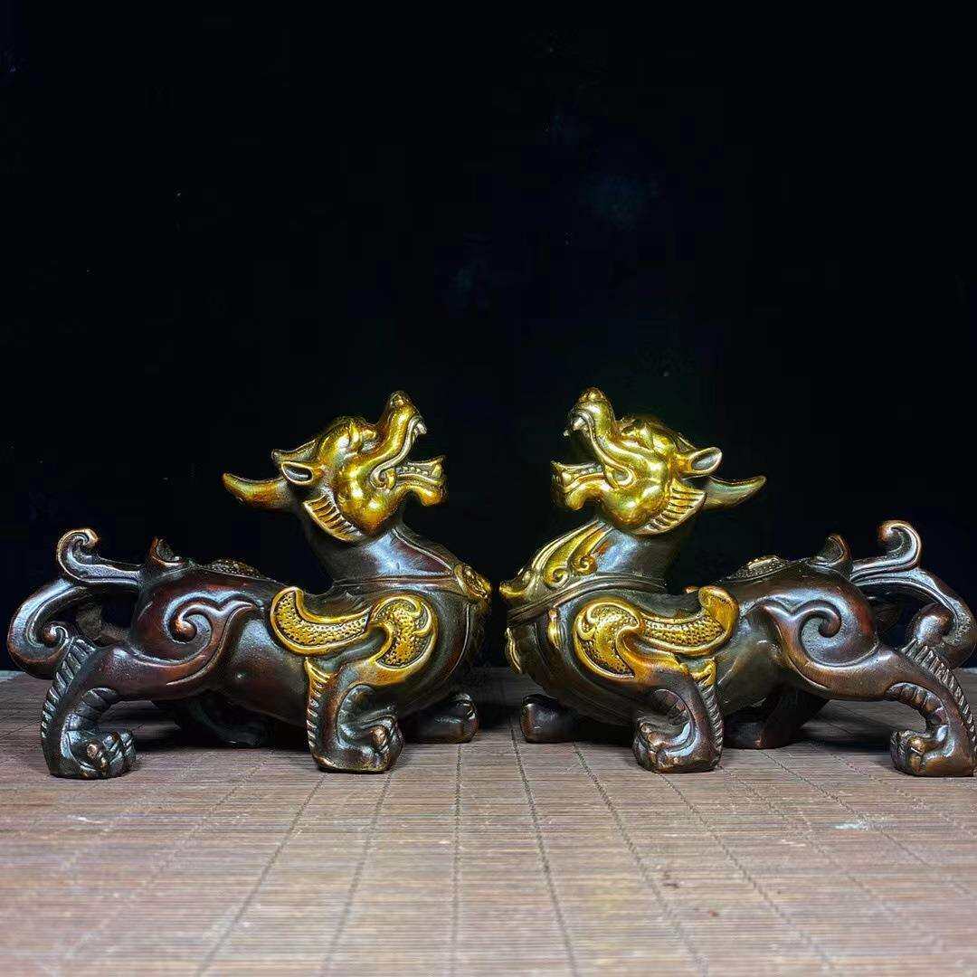 古董古玩仿古铜 鎏金貔貅一对 复古摆件旧货乡下收藏老物件