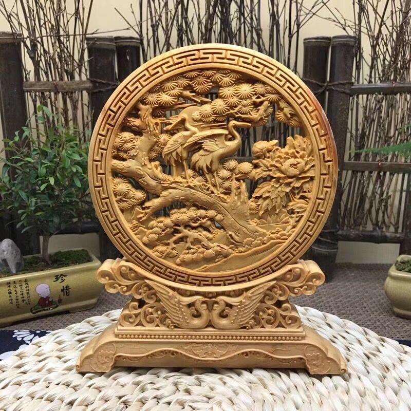 崖柏木雕一帆风顺九龙戏珠圆盘摆件室内盆景木雕大气精致双面镂空