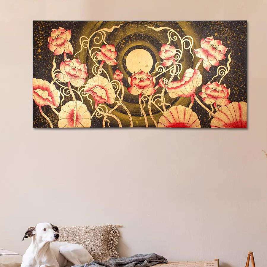 东南亚手绘油画泰式玄关走廊壁画客厅创意挂画过道横版金箔荷花