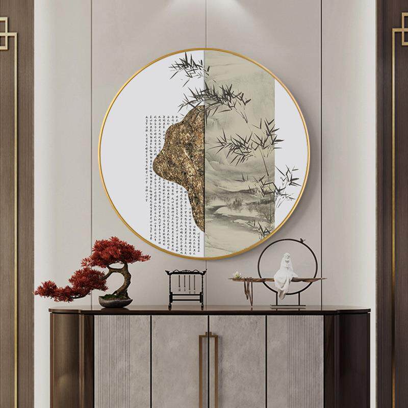 竹报平安 新中式入户玄关装饰画竹子圆形字画国画山水书房壁画