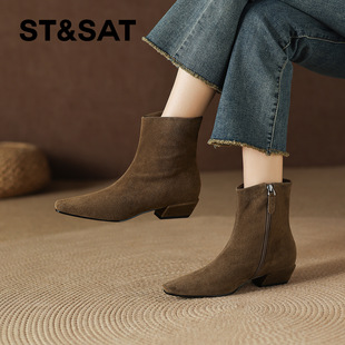 St&Sat/星期六瘦瘦靴女款真皮冬季新款低跟侧拉链方头弹力靴短靴