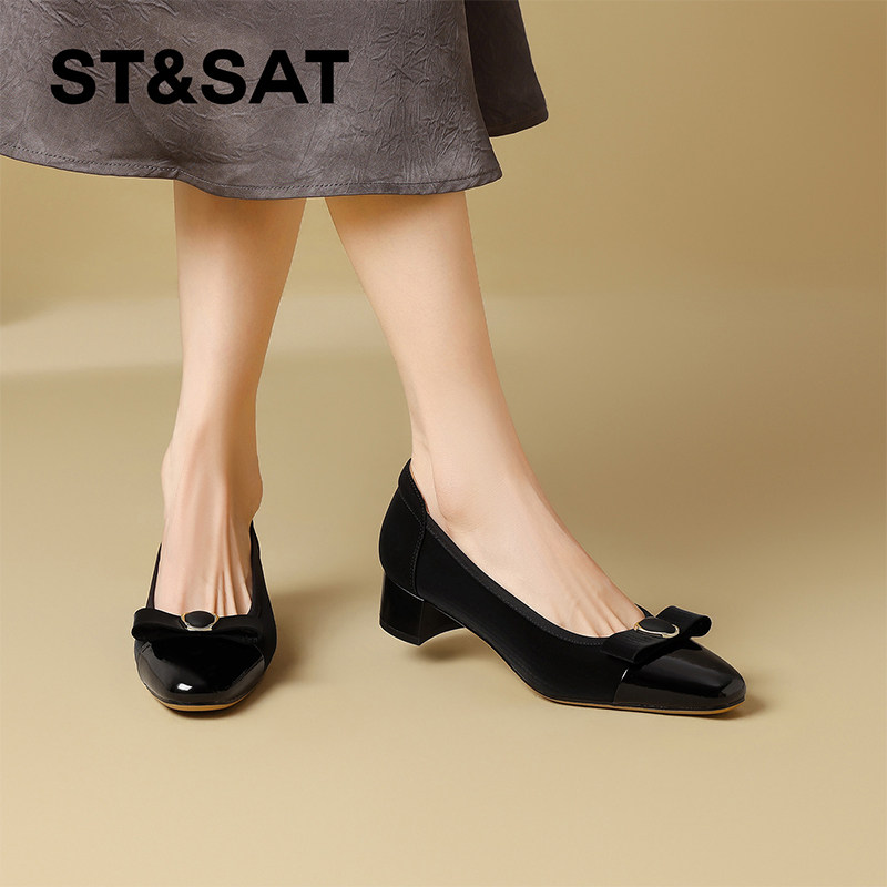 St&Sat/星期六浅口黑色单鞋女2026新款复古港风气质粗跟圆头女鞋