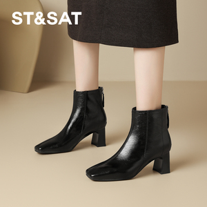 St&Sat/星期六方头真皮粗跟黑色短靴2026秋冬新款简约英伦风女鞋