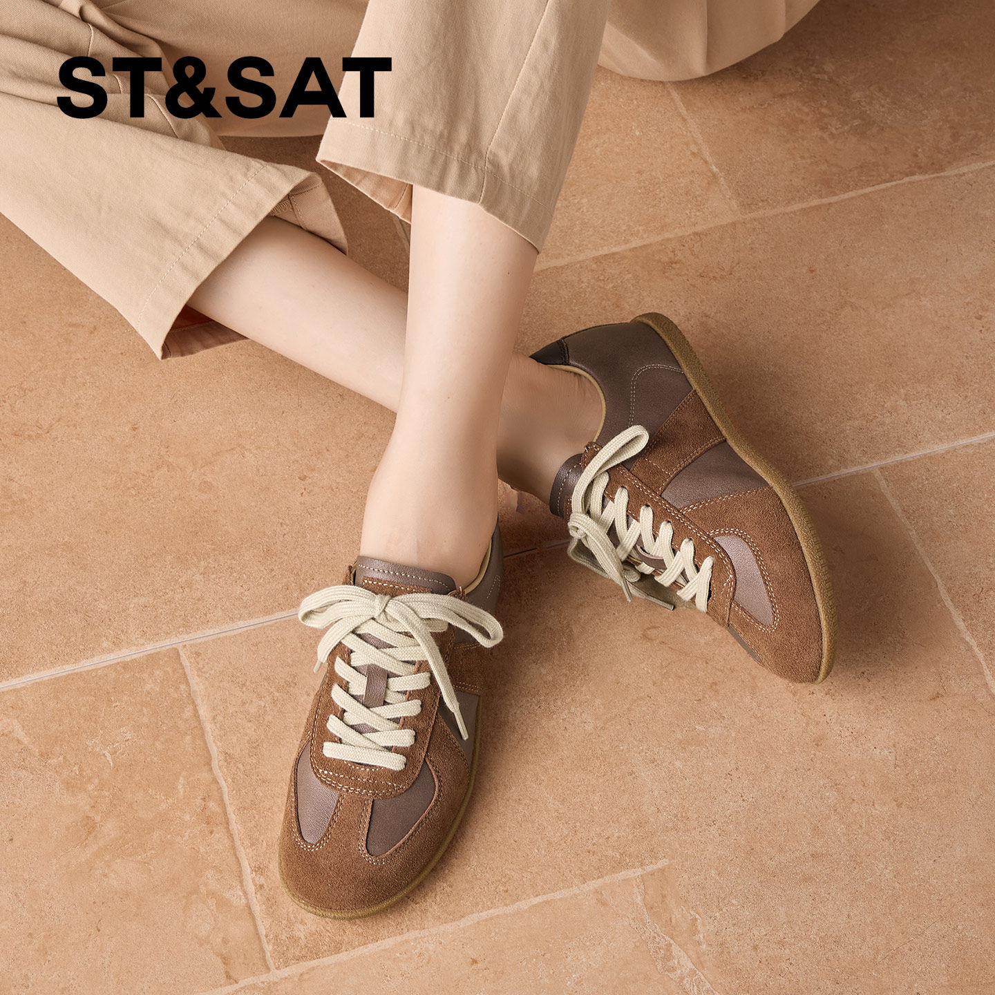 St&Sat/星期六新款复古百搭德训鞋圆头低跟系带舒适软底运动女鞋