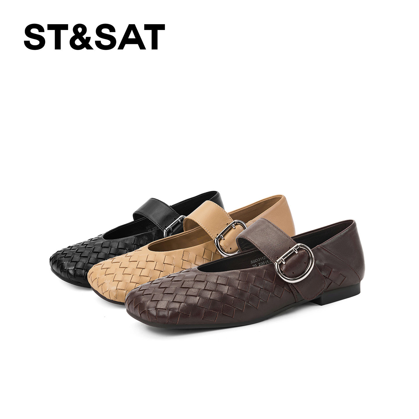 St&Sat/星期六一字扣带方头百搭单鞋田园风复古编织纯色玛丽珍鞋