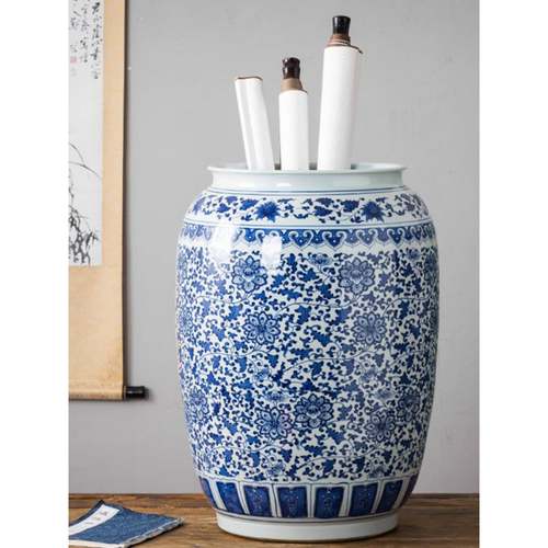 景德镇陶瓷书画储箱大型青花瓷书房书卷桶客厅摆件覆古高端