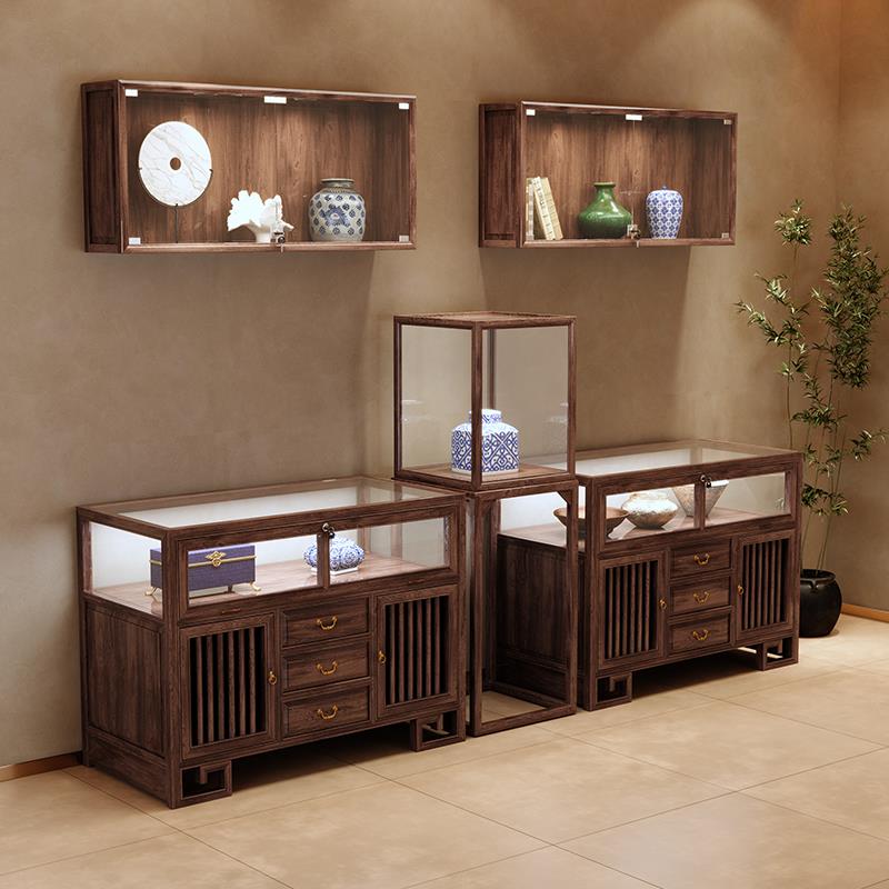 实木珠宝展示柜台新中式玻璃货柜展台首饰翡翠玉器展示柜中岛柜台