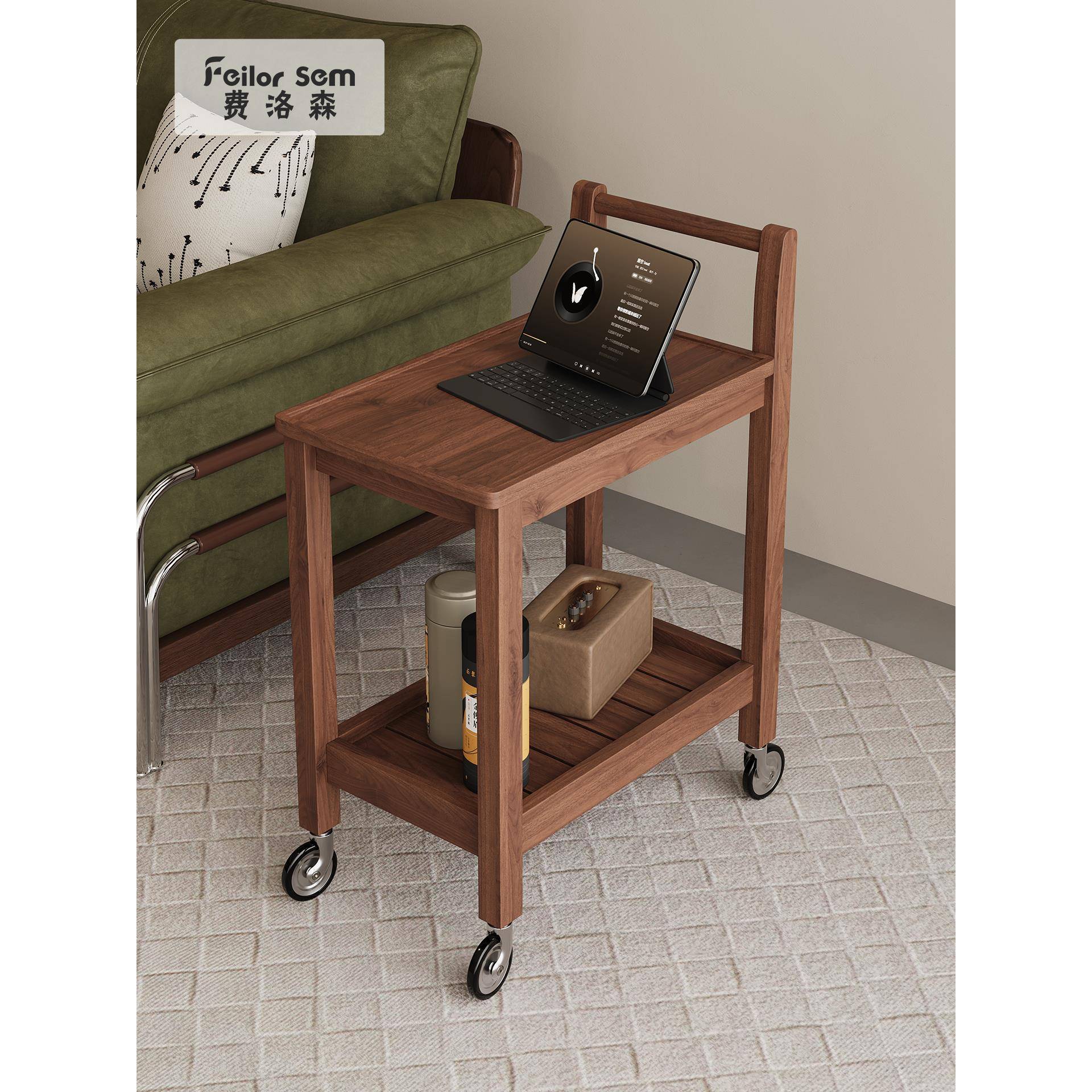 北美黑胡桃全实木可移动边几小推车小户型客厅小茶几实木沙发角几