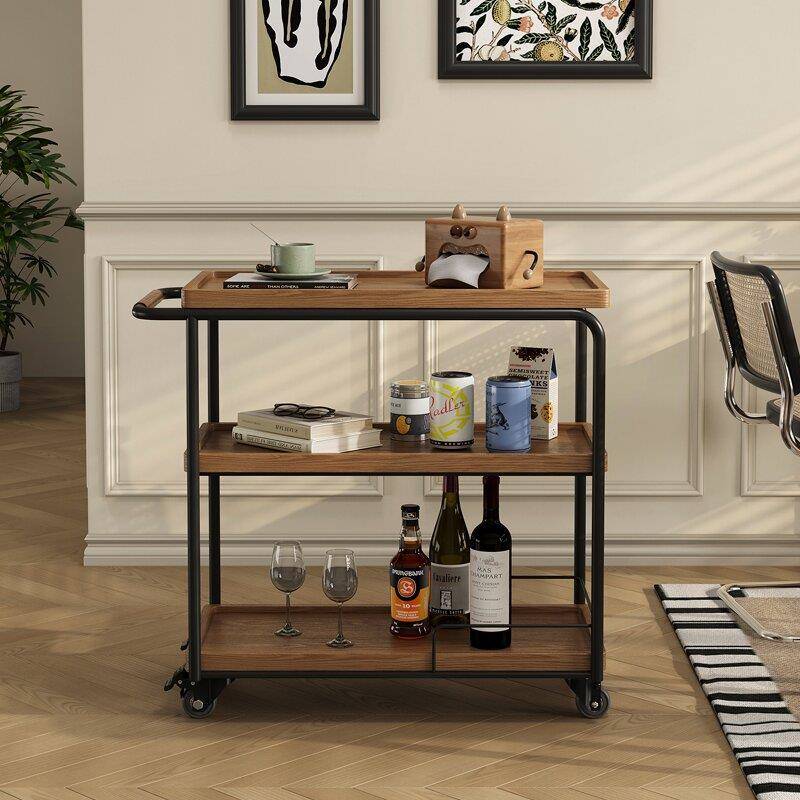 美式实木餐车家用厨房复古移动小推车酒水车酒店餐厅送餐车置物架