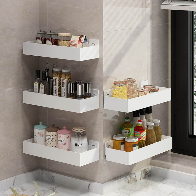 厨房免打孔调味罐架浴室客厅洗手间白色收纳置物架墙上壁挂式置物