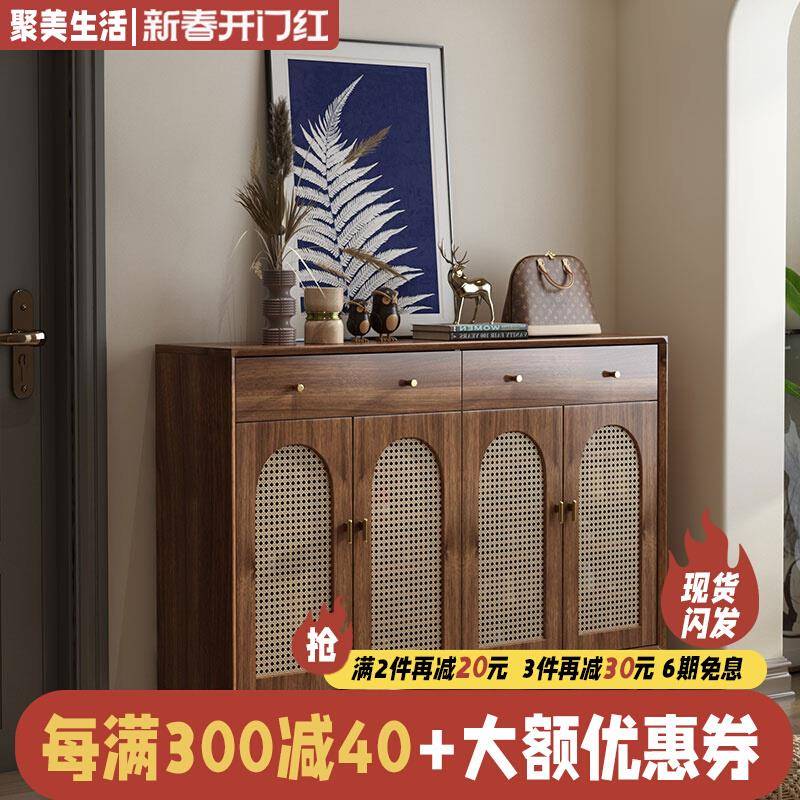 藤编鞋柜室内实木框家用门口玄关中古复古收纳柜门外2024新款爆款