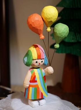 “多巴胺女孩”手工木雕摆件举气球可爱治愈浪漫生日礼物送女生