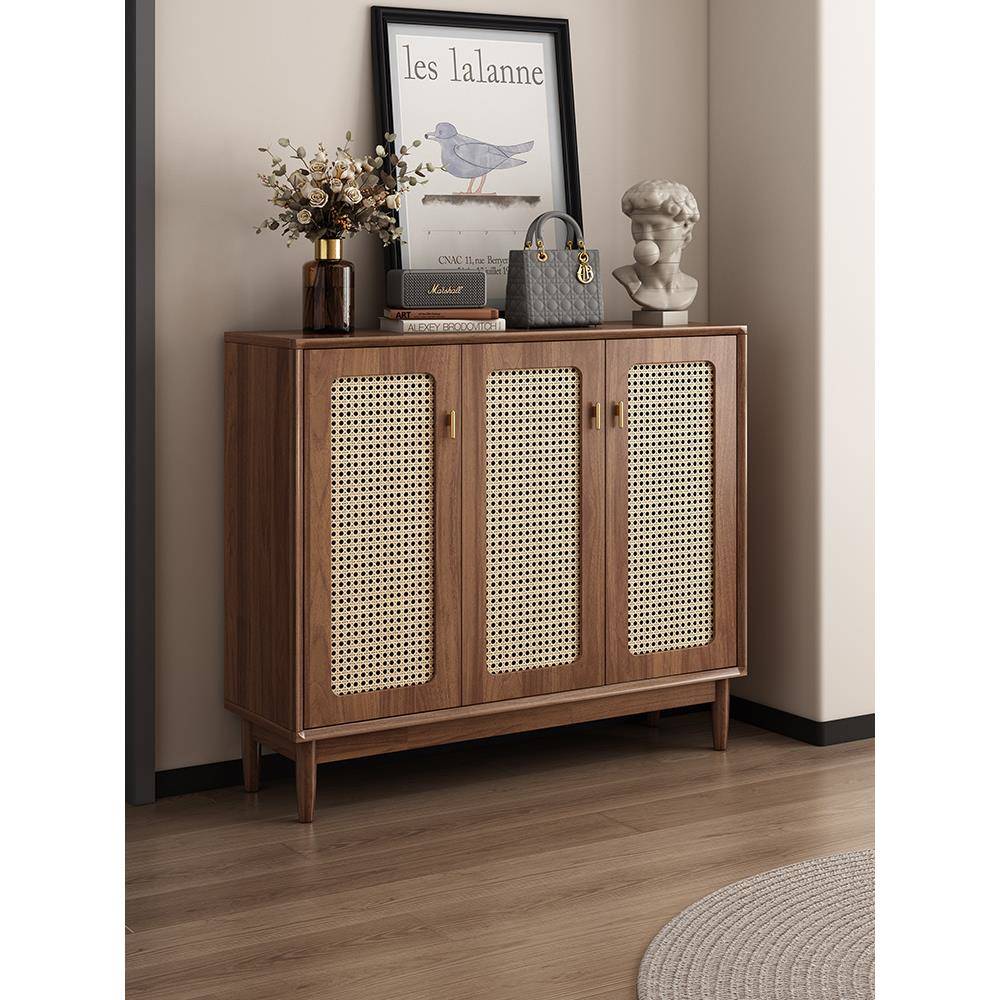 藤编鞋柜家用门口实木框中古风复古胡桃色大容量入户玄关柜储物柜