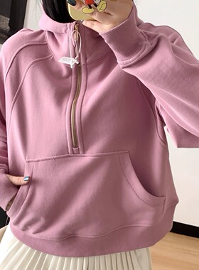 SYARURU S*uba半拉链连帽短款毛圈运动健身瑜伽卫衣秋冬春跑步女