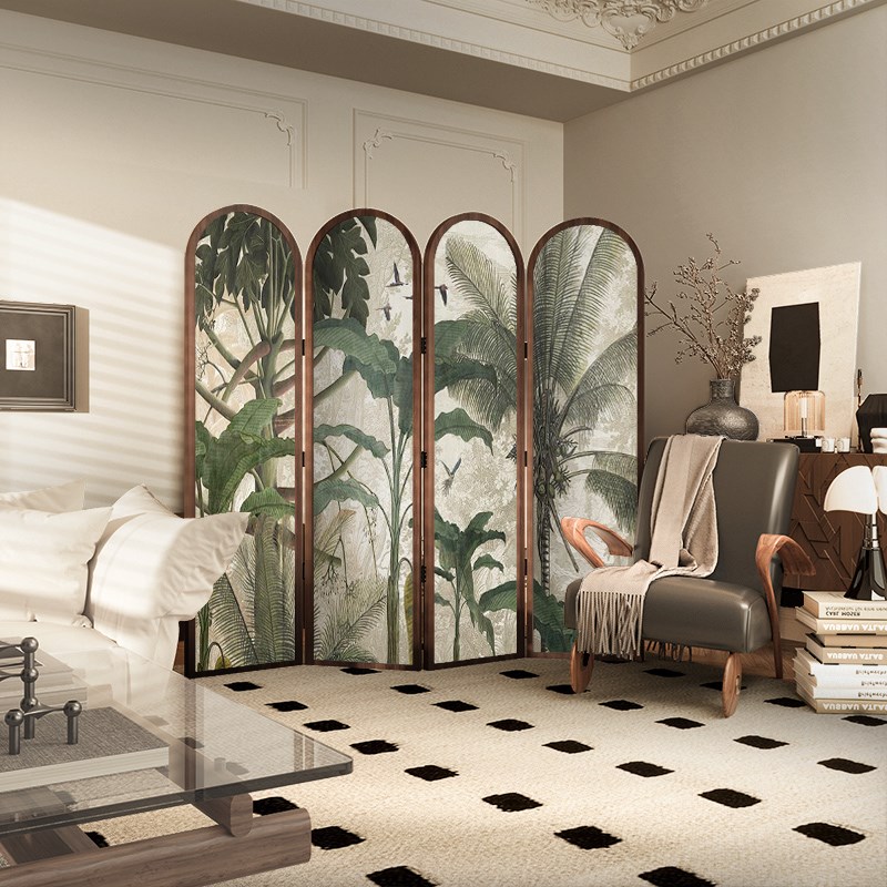 法式南洋风实木折叠屏风隔断装饰客厅玄关入户可移动折屏热带雨林