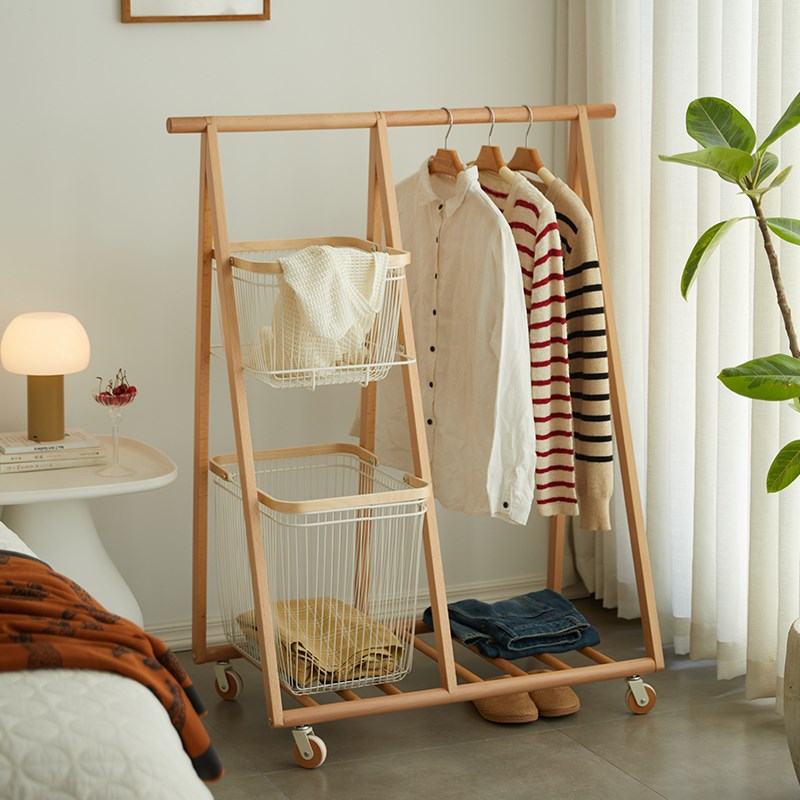 实木衣帽架家用卧室落地多功能脏衣篓挂衣架室内晾衣架