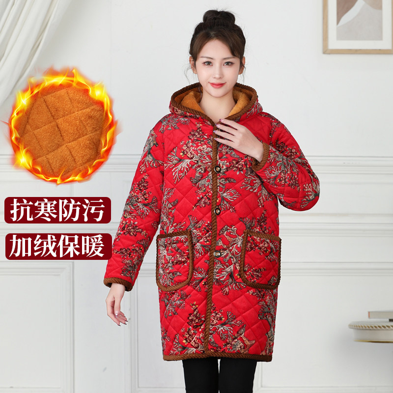 冬季加绒罩衣大人外女上衣工作服保暖棉袄妈妈加厚长袖围裙护衣