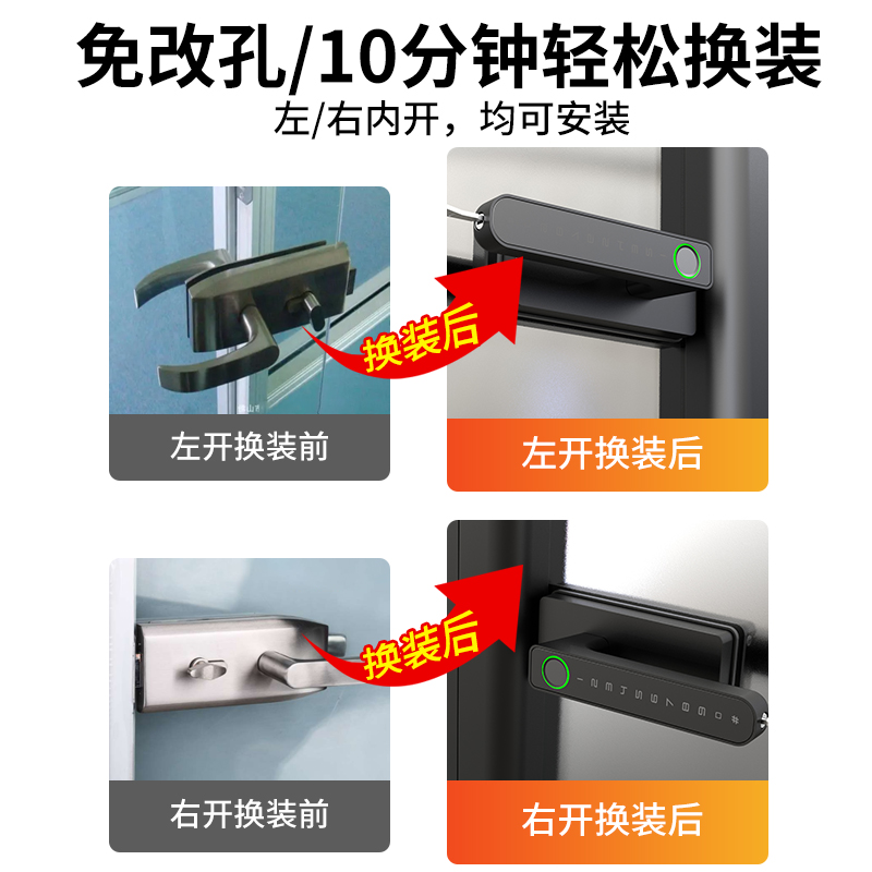 高隔断玻璃门指纹锁板手锁办公室密码锁带把手智能锁单开门免钻孔