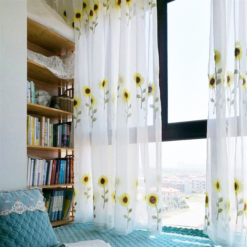 客厅卧室田园风格小新纱帘落地窗窗纱向日葵窗帘布料绣花白纱帘