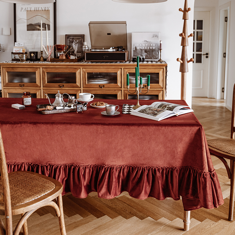 猫岛 法式荷叶边复古砖红丝绒餐桌茶几盖布 长方形纯色家用定制