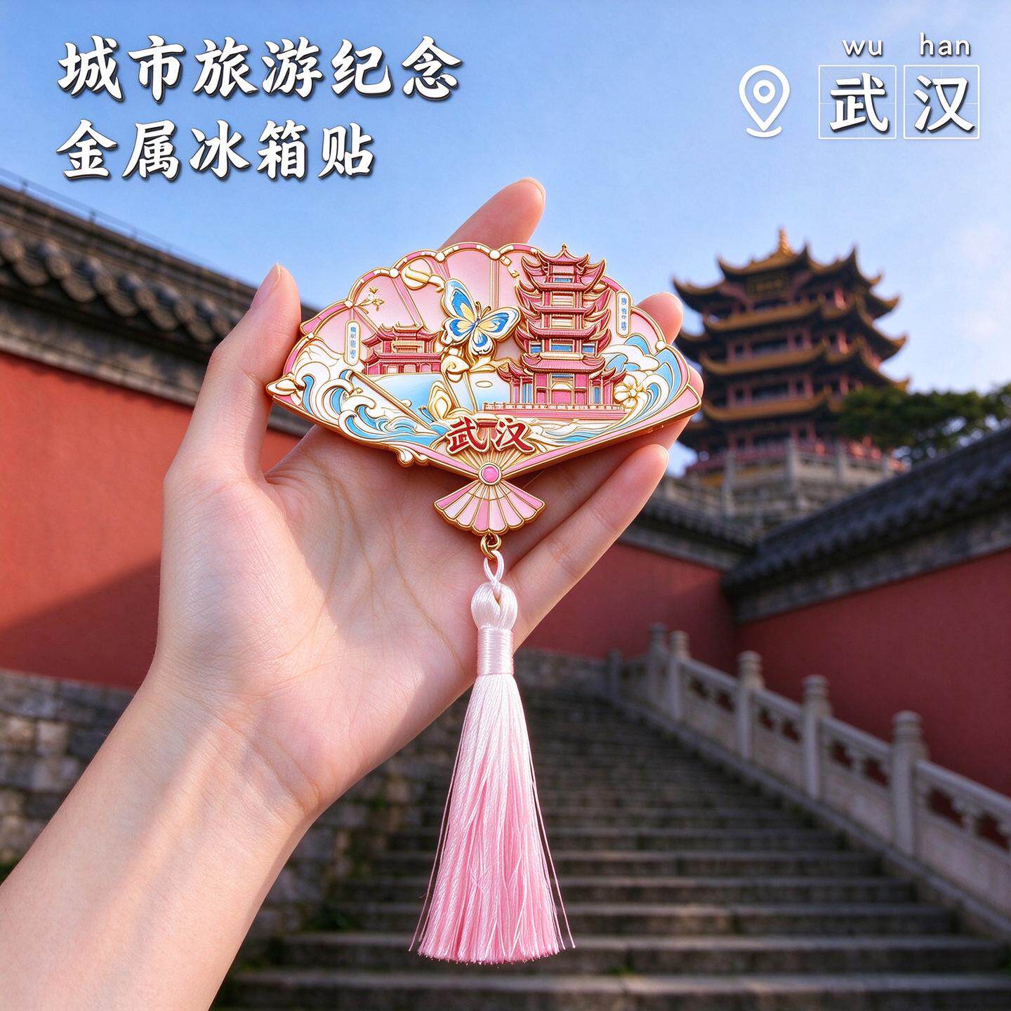 湖北武汉文创冰箱贴粉扇黄鹤楼地标旅行纪念品磁吸贴出游打卡周边