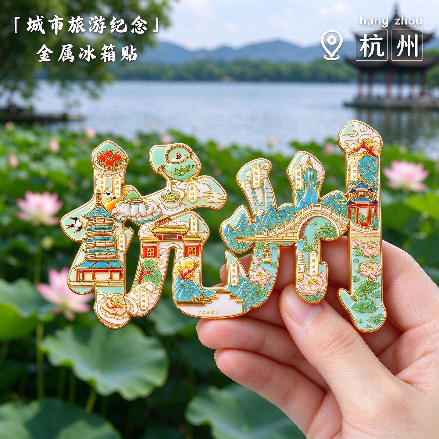 杭州旅游纪念金属冰箱贴汉字造型文创城市地标磁吸贴冰箱装饰礼物