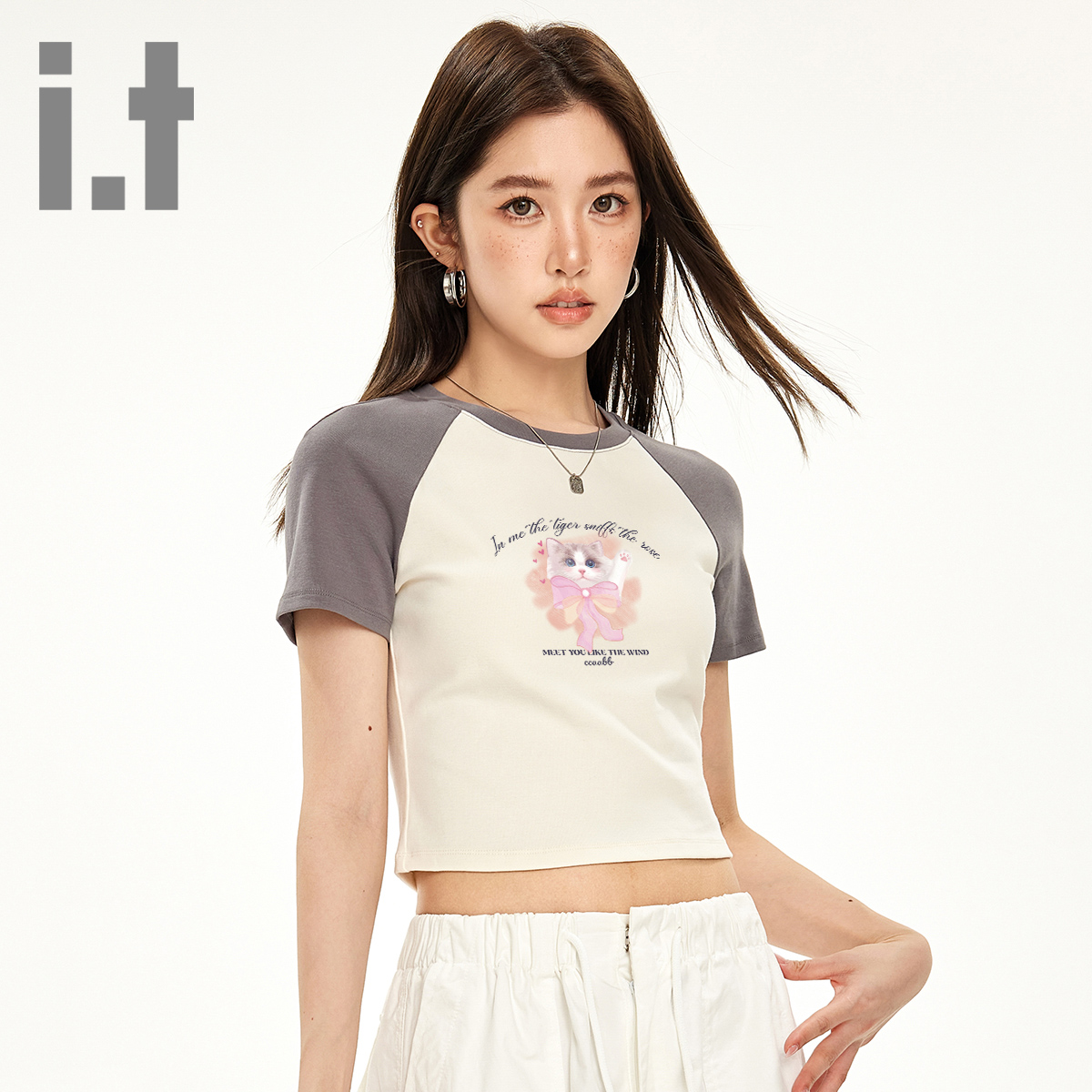 it ccaabb可爱小猫印花短袖t恤女夏季薄款圆领打底衫辣妹装上衣K