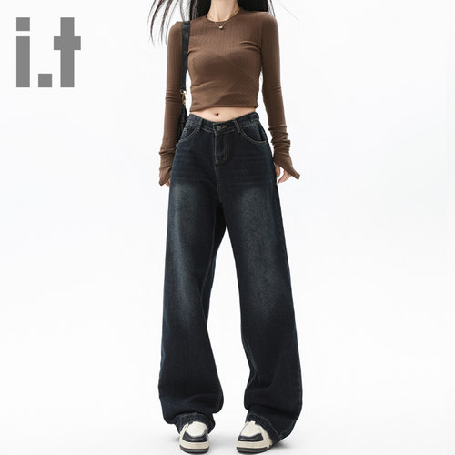 it ccaabb做旧复古阔腿裤女新款春秋季设计感窄版直筒牛仔裤女K
