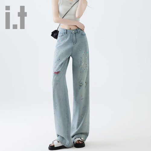 it ccaabb重工涂鸦牛仔裤女新款春秋高腰显瘦宽松直筒阔腿裤长裤K