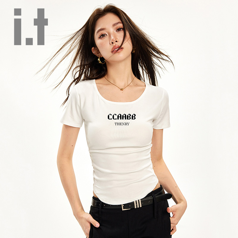 it ccaabb短袖T恤女夏纯棉紧身圆领体恤设计感大领夏季口上衣K