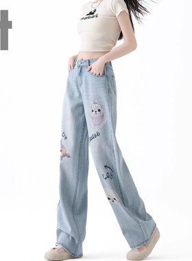 it ccaabb2025春季新品牛仔裤女卡通印花高腰显瘦水洗休闲长裤K