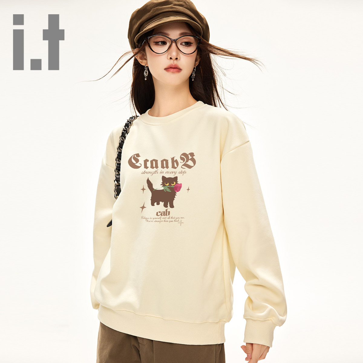 it ccaabb美式小猫印花圆领套头卫衣女装新款百搭宽松长袖上衣K