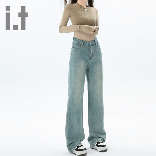 it ccaabb春秋新款高腰阔腿牛仔裤女复古窄版垂感直筒阔腿裤长裤K