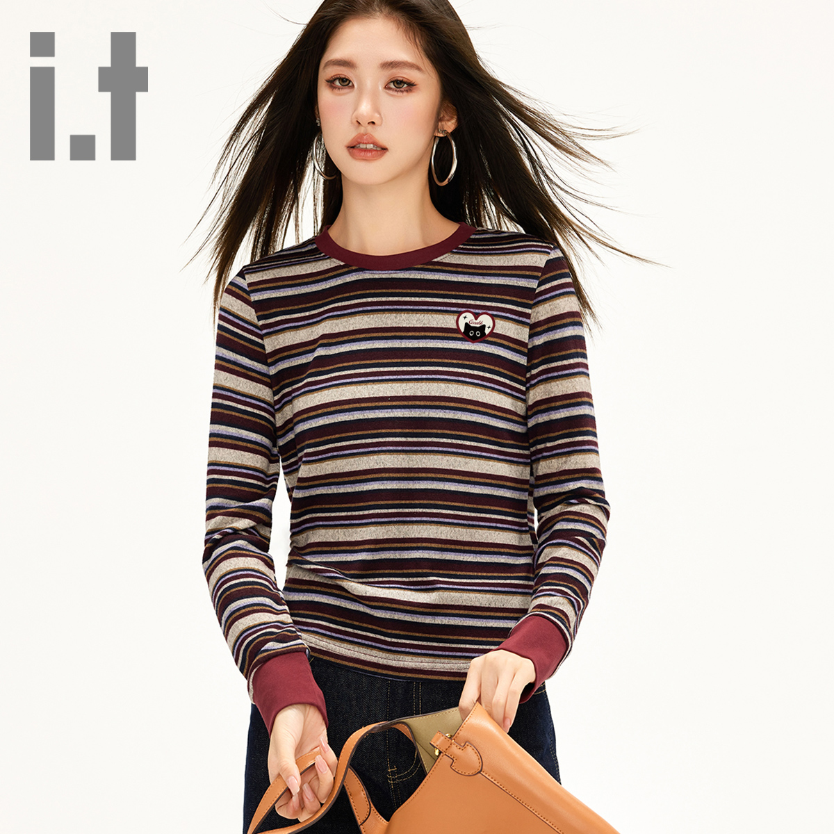 it ccaabb新款正肩时尚条纹洋气长袖T恤女修身内搭打底衫上衣K