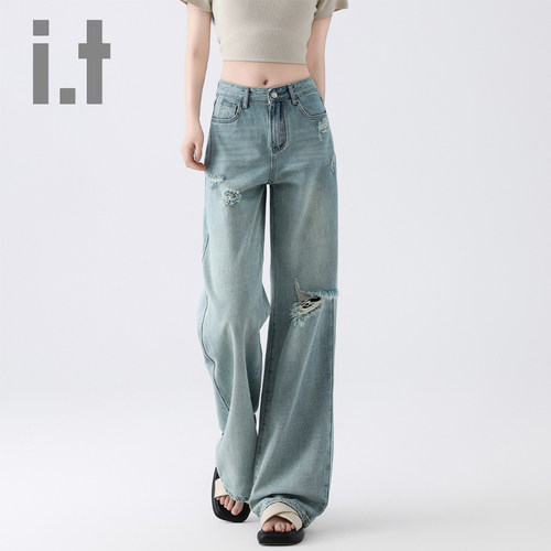 it ccaabb垂感破洞宽松拖地裤女2025夏季新款高腰显瘦牛仔长裤子K