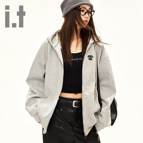 it ccaabb春秋加厚卫衣女长袖连帽休闲运动拉链开衫慵懒风外套女K