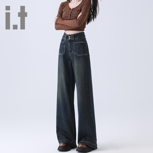 it ccaabb复古阔腿牛仔裤女春秋2025新款垂感高腰宽松直筒拖地裤K