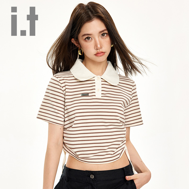 it ccaabb条纹polo领短袖T恤女夏2025新款两侧抽绳短款上衣K