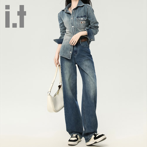 it ccaabb高腰阔腿牛仔裤女2025新款宽松显瘦直筒垂感窄版长裤子K