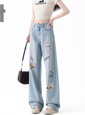 it ccaabb女式牛仔裤新款显瘦新款印花设计宽松高腰百搭阔腿裤子K