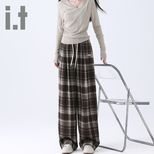 it ccaabb新款洋气格子休闲裤撞色抽绳绑休闲裤韩版女装运动裤K