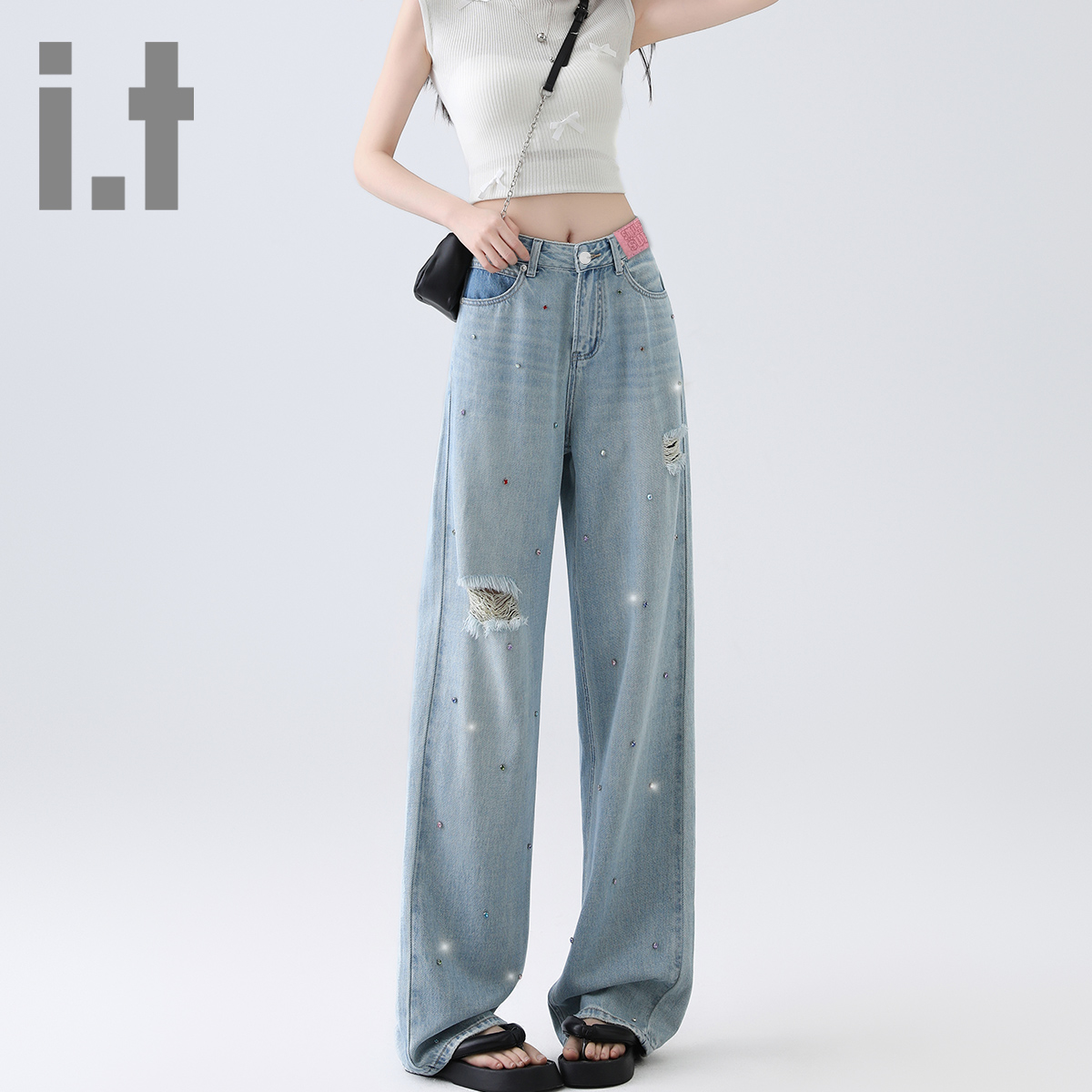 it ccaabb2025春秋新款牛仔裤女时髦高腰破洞镶钻设计宽松阔腿裤K