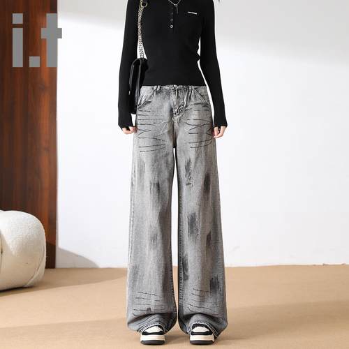 it ccaabb扎染高腰阔腿牛仔裤女2025早秋新款显瘦怀旧复古长裤K
