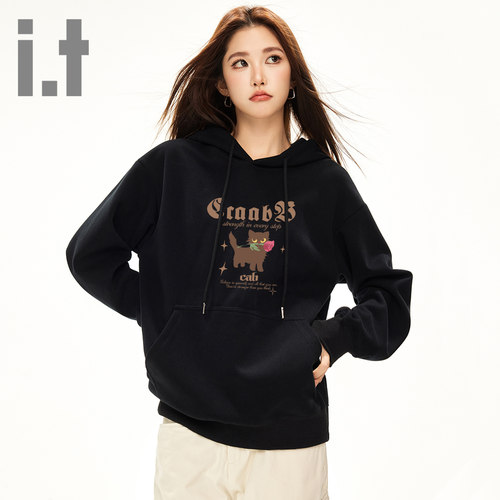 it ccaabb甜美猫咪印花连帽卫衣秋季宽松小个子套头百搭上衣女K