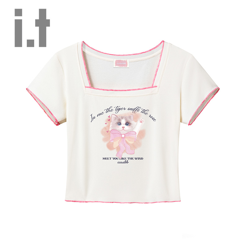 it ccaabb可爱小猫印花短袖t恤女夏季打底衫辣妹装上衣女装方领K