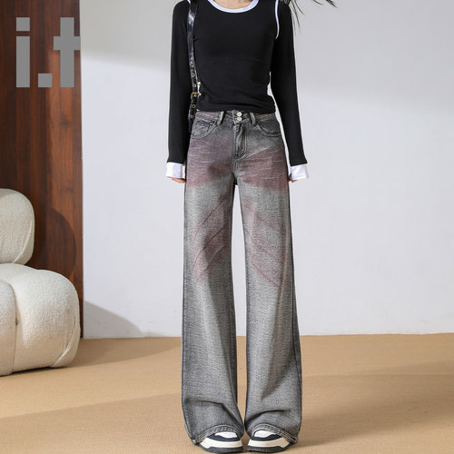 it ccaabb春秋复古牛仔裤女新款做旧宽松显瘦阔腿酷帅阔腿裤K