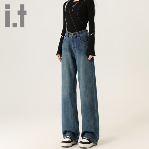 it ccaabb窄版直筒牛仔裤女2025新款梨形身材宽松阔腿遮胯长裤子K