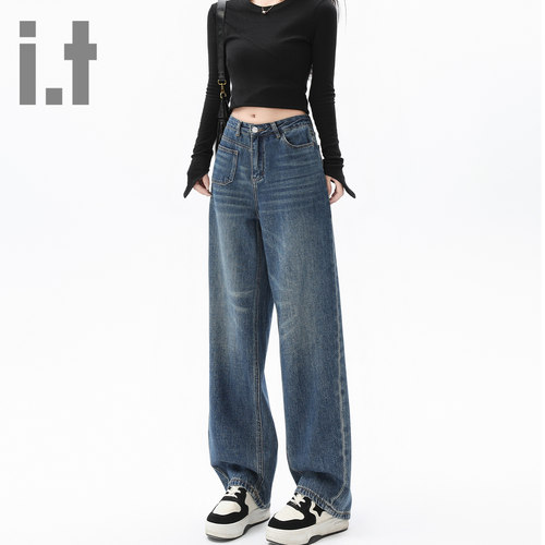 it ccaabb新款牛仔裤女阔腿裤高腰宽松显瘦垂感设计感拖地裤子K